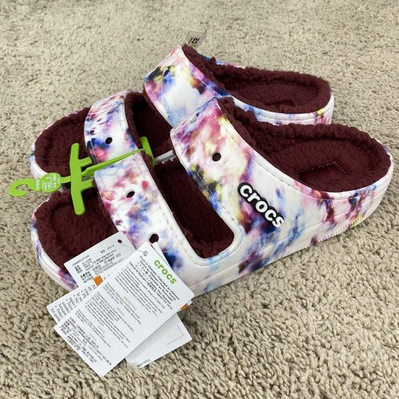 Crocs Classic Cozy‎ Sandals Tie Dye Slip On Sandal Warm Fuzzy Unisex M10 W12 NWT - Picture 1 of 11